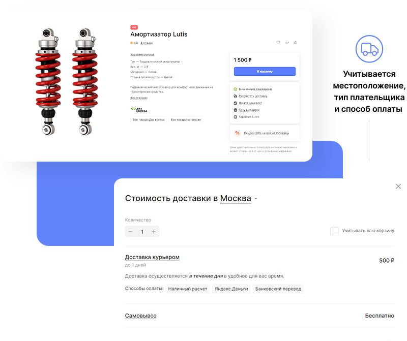 В Аспро Лайтшоп клиенты будут знать, по какой цене привезут продукцию в их город. Для этого в карточке товара работает предварительный расчет стоимости доставки.